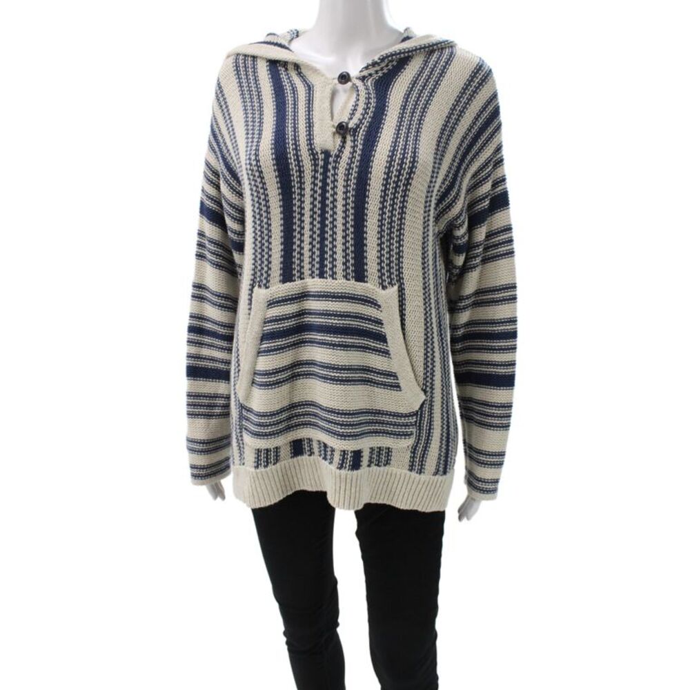 Outerknown Womens Pullover Sweater Beige V-Neck Striped Knit Long Sleeve Size S